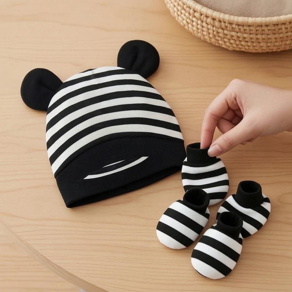 Infant Beanie Hat With Ears - Anti Scratch Mittens for Newborns Newborn